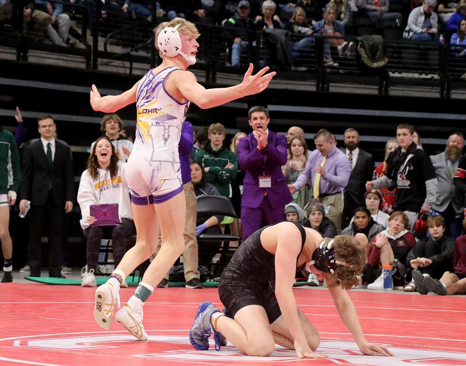 Watertown eighth-grader Gage Lohr celebrates after beating Brandon Valley's Brendon Oehme during the Class A 106-pound championship on Saturday, Feb. 24, 2023 in the South Dakota State Wrestling Championships at The Monument in Rapid City.