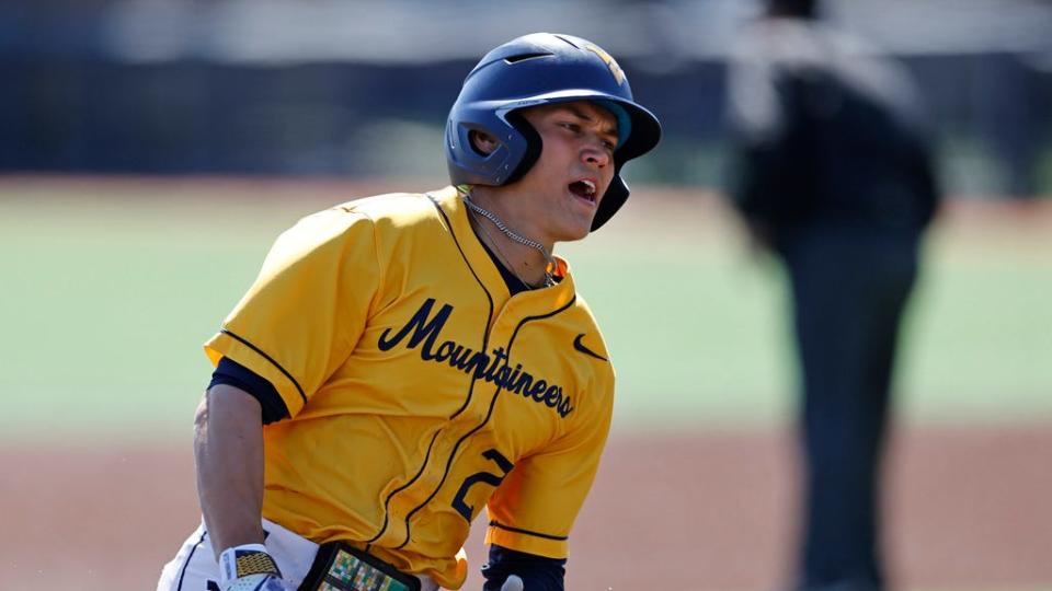 West Virginia's JJ Wetherholt #27 runs the bases against Xavier during an NCAA baseball game on Sunday, March 26, 2023, in Morgantown, W. Va.