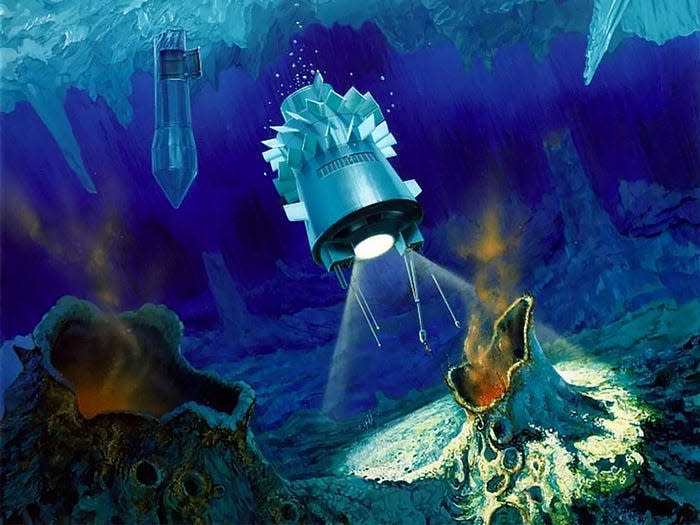 illustration underwater robot studying deep-sea vents in alien ocean