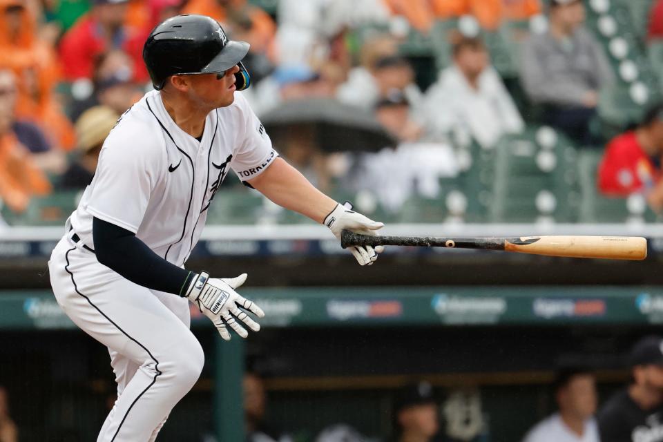 Detroit Tigers first baseman Spencer Torkelson (20) hits an RBI double in the first inning against the Toronto Blue Jays at Comerica Park in Detroit on July 8, 2023.