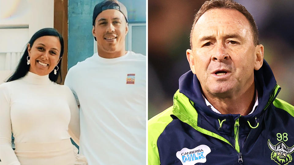 Kirsten Tapine, the wife of Canberra Raiders player Joe Tapine, took a shot at coach Ricky Stuart's bench rotations on Instagram late last week. Pictures: Instagram/Getty Images