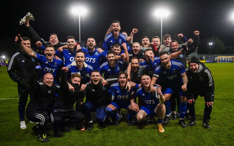 Darvel celebrates a famous win during a Scottish Cup Fourth Round match between Darvel and Aberdeen at Recreation Park, on January 23, 2023 - Tiny Darvel remind us of the joy of the ultimate cup shock - Rob Casey /SNS Group