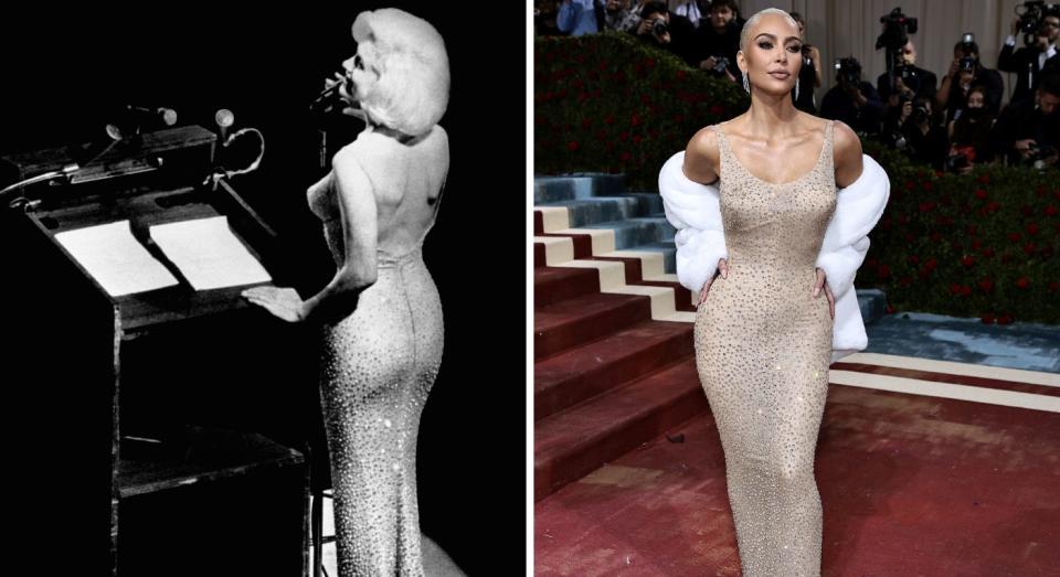 Marilyn Monroe pictured singing Happy Birthday to JFK in 1962 and Kim Kardashian wearing the same dress at the Met Gala in 2022. (Getty Images)