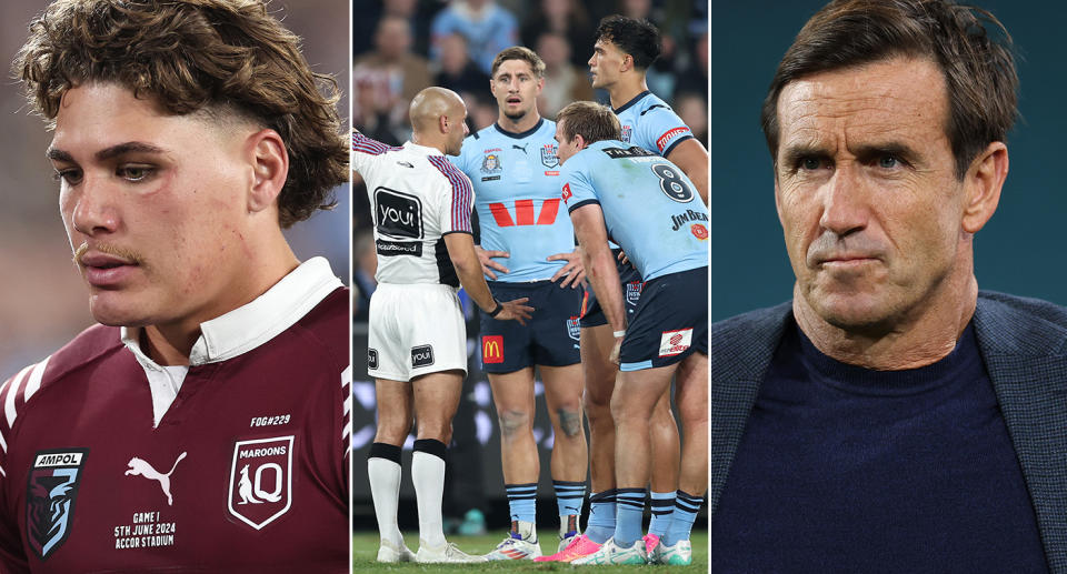 Andrew Johns caused uproar after saying that Joseph Suaalii should not have been sent off for the hit on Reece Walsh because it was a State of Origin game. Pic: Getty