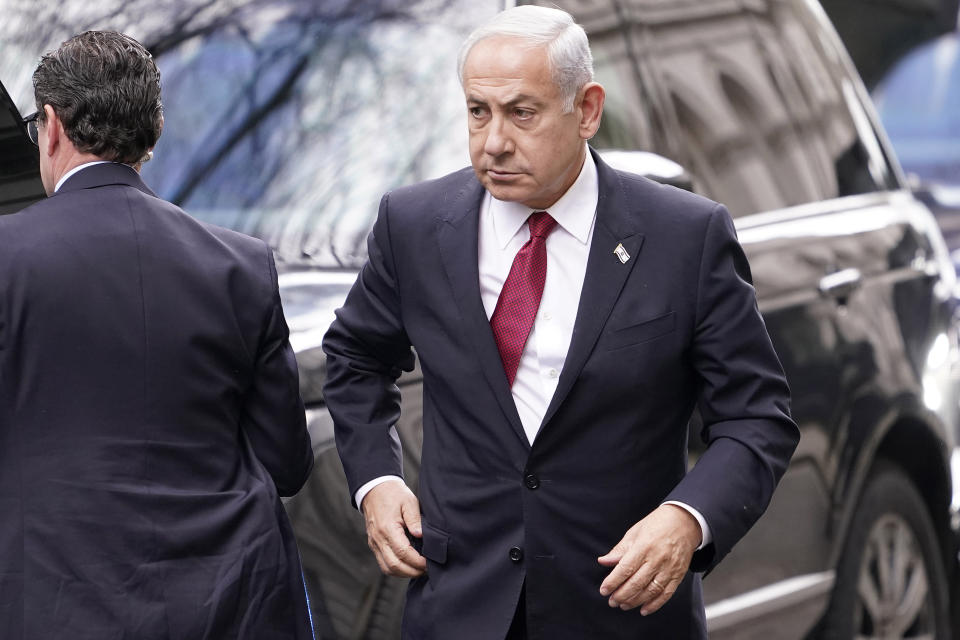 Israeli Prime Minister Benjamin Netanyahu arrives at Downing Street in London, Friday, March 24, 2023.(AP Photo/Alberto Pezzali)