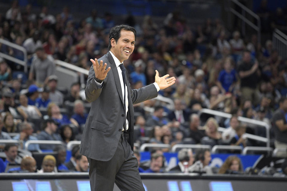 An exclusive image of Erik Spoelstra trying to figure out how to manage the Heat’s interesting and weird frontcourt. (AP)