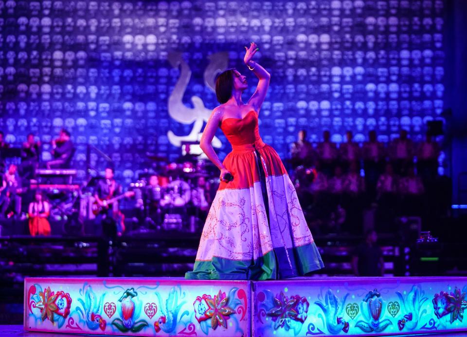 Ángela Aguilar performed her grandmother Flor Silvestre's classic "Cachito De Mi Vida," Rocío Dúrcal's "Me Gustas Mucho," and Selena Quintanilla's "Como La Flor" at the Crypto Arena in Los Angeles on Oct. 15.