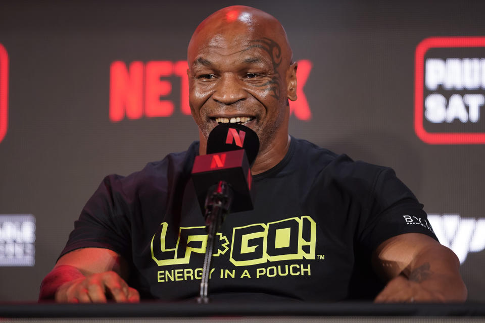 Mike Tyson speaks during a news conference about his upcoming boxing bout against Jake Paul, Thursday, May 16, 2024, in Arlington, Texas. The fight is scheduled for July 20. (AP Photo/Sam Hodde)