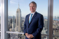 Brian Moynihan, CEO of Bank of America, is photographed at the Bank of America Tower, Wednesday, Aug. 17, 2022, in the Manhattan borough of New York. Moynihan, said that recent quibbling over whether the U.S. economy is technically in a recession or not is missing the point. What matters is that current economic conditions are negatively impacting those who are most vulnerable.(AP Photo/John Minchillo)