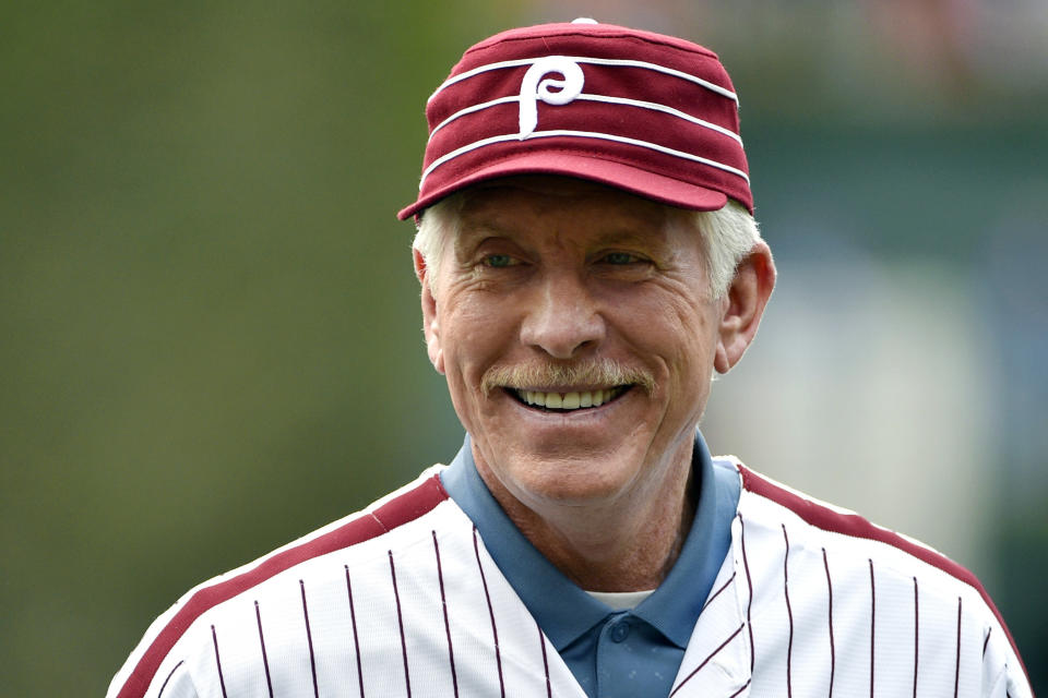 FILE- In this June 5, 2016, file photo, former Philadelphia Phillies third baseman Mike Schmidt smiles prior to a baseball game between the Phillies and the Milwaukee Brewers in Philadelphia. (AP Photo/Derik Hamilton, File)