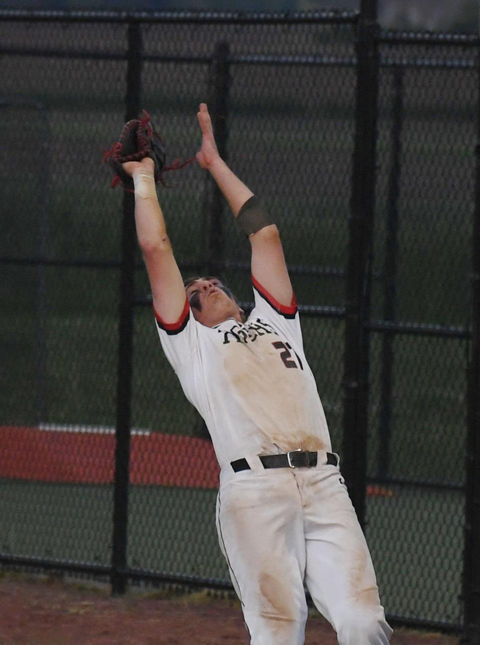 Gilbert's first baseman Eli Eldred catches a fly ball agaisnt Ballard during the fifth inning at Gilbert High School softball field Wednesday, June 8, 2022, in Gilbert, Iowa.