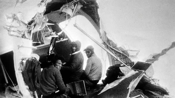 PHOTO: Roy Harley, Nando Parrado and Roberto Canessa at the aircraft's sheared off tail. (Obtained by ABC News)