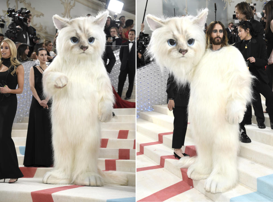 This combination photo shows Jared Leto dressed as Choupette the cat upon arrival at The Metropolitan Museum of Art's Costume Institute benefit gala celebrating the opening of the "Karl Lagerfeld: A Line of Beauty" exhibition on Monday, May 1, 2023, in New York. (Photo by Evan Agostini/Invision/AP)