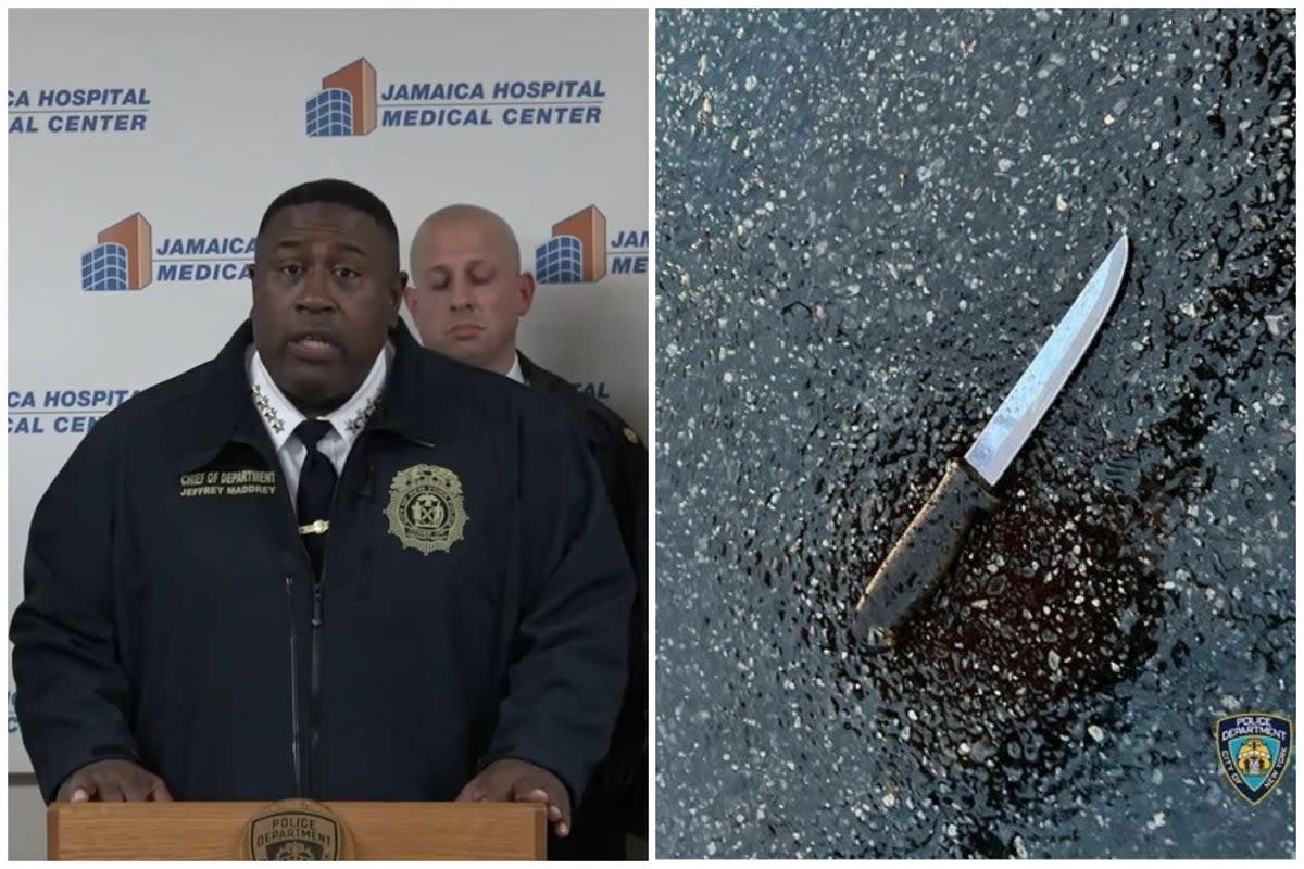 Chief of department for the New York Police Department Jeff Maddrey holds a press conference (L) next to photo of knife used in attack (NYPD)