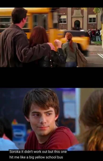 Cady almost hit by a bus and Cady saying, This one hit me like a big yellow bus when she saw Aaron