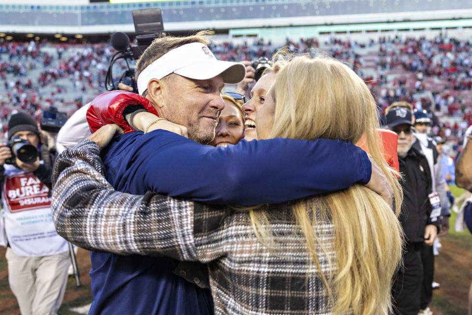 Liberty head Coach Hugh Freeze celebrates with his family after a win against the Arkansas Razorbacks on November 05, 2022 in Fayetteville, Arkansas. (Photo by Wesley Hitt/Getty Images)