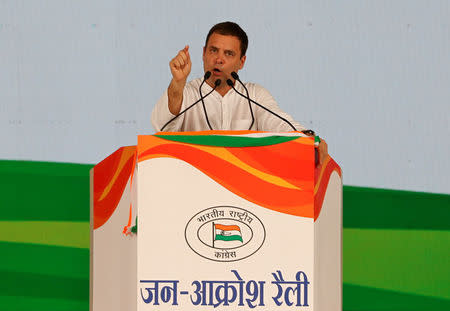 Rahul Gandhi, President of India's main opposition Congress party, addresses his supporters during a rally described as Jan Aakrosh or public anger at Ramlila ground in New Delhi, India, April 29, 2018. REUTERS/Altaf Hussain/Files