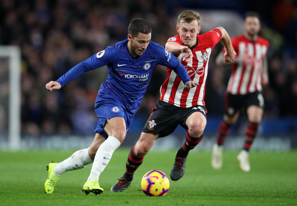 Chelsea’s Eden Hazard was at the heart of Chelsea’s best moves, but was well marshalled by James Ward-Prowse on this occasion