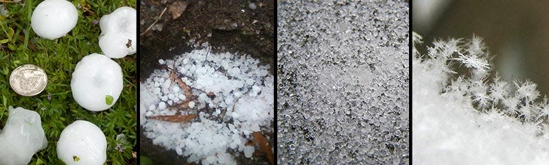 Forms of frozen precipitation from left to right: hail, graupel, sleet and snow