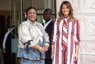 <p>While on a diplomatic trip to Ghana in October 2018, the First Lady wore this Celine geometric, knee-length frock with an eye-catching pattern. </p>