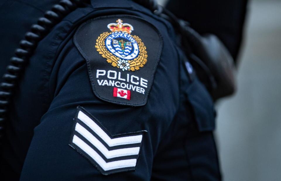 A Vancouver Police Department patch is seen on an officer's uniform in the Downtown Eastside of Vancouver, on Saturday, Jan. 9, 2021. 