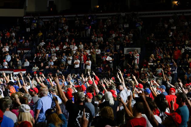 Donald Trump supporters raised a stiff-armed salute to the former president at an Ohio rally last week. (Photo: Gaelen Morse via Reuters)