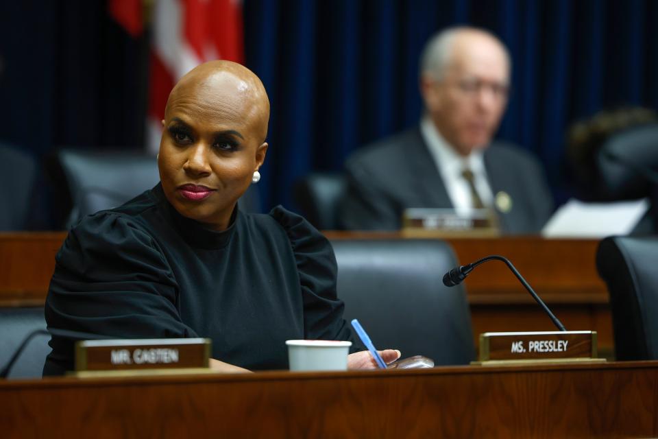 U.S. Rep. Ayanna Pressley, a Democrat from Massachusetts, participated at a House Financial Services Committee hearing May 17, 2023. Pressley introduced the "Books Save Lives Act'' in December 2023 to push back against book bans.