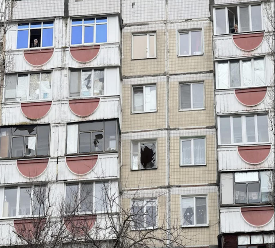 A damaged building following a strike in Belgorod, Russia, Thursday, Feb. 15, 2024. Officials say a missile strike on the Russian city of Belgorod near the Ukraine border in what appears to be the latest exchange of long-range missile and rocket fire between the two countries. (Belgorod regional governor Vyacheslav Gladkov telegram channel via AP)