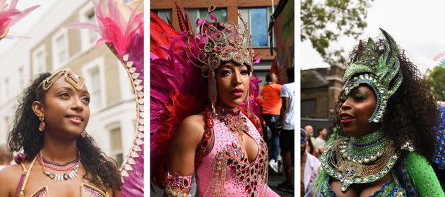 Left to right: Rochelle from Funatik's Mas Band participates in the Notting Hill Carnival parade. Leila poses for a portrait on her way to the parade. A dancer from the Paraiso School of Samba performs during the parade. (Photo: Clara Watt for HuffPost)