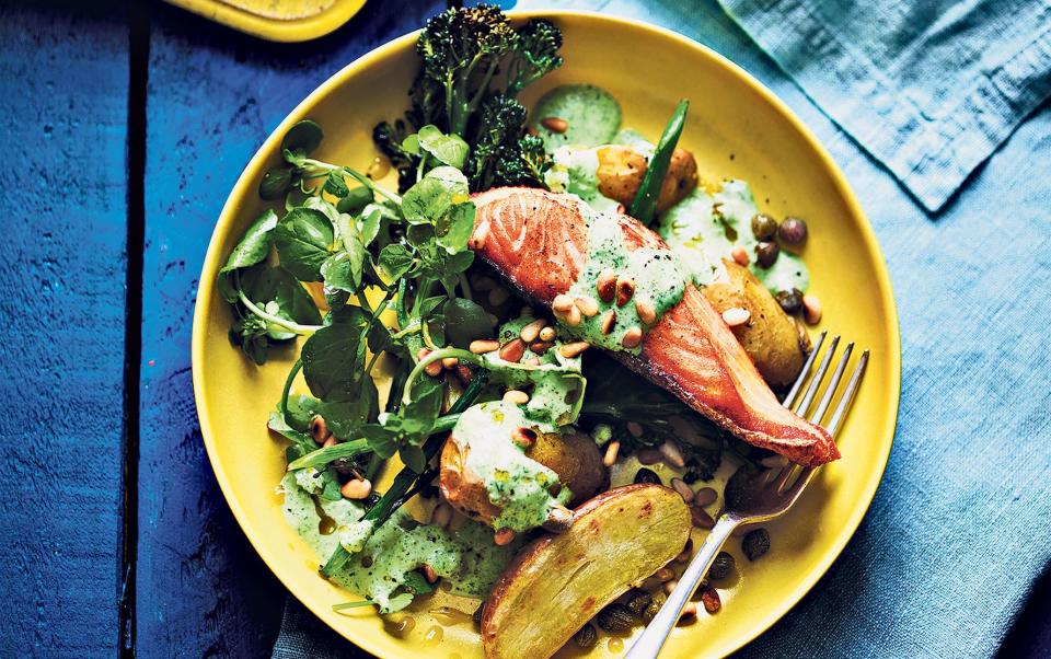 Salmon, tenderstem broccoli and potato traybake - Dan Jones