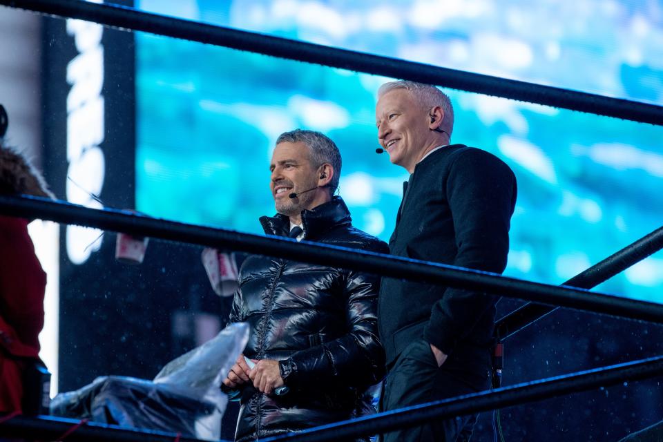 Andy Cohen and Anderson Cooper attend the Times Square New Year's Eve Celebration on December 31, 2019.