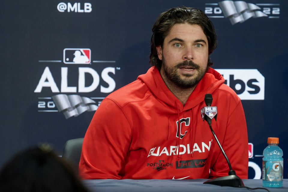 Cleveland Guardians' Austin Hedges attends a news conference before a workout ahead of Game 1 of baseball's American League Division Series against the New York Yankees, Monday, Oct. 10, 2022, in New York. (AP Photo/John Minchillo)