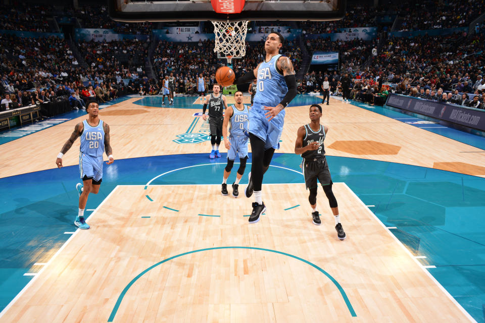 Kyle Kuzma was named the Rising Stars Challenge MVP on Friday night, leading Team USA past Team World to kick off All-Star weekend in Charlotte. (Jesse D. Garrabrant/Getty Images)