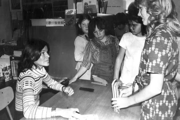 Judy Blume visits a school in 1977. She published her most famous work, “Are You There God? It’s Me, Margaret,