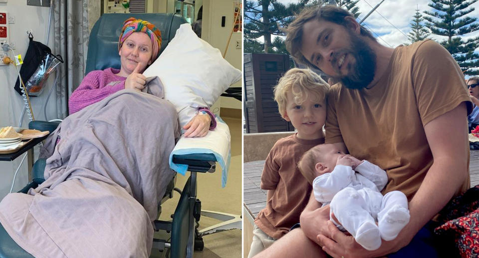 Kate Grainger in hospital with cancer (left) dad Joel holding baby and young son (right)