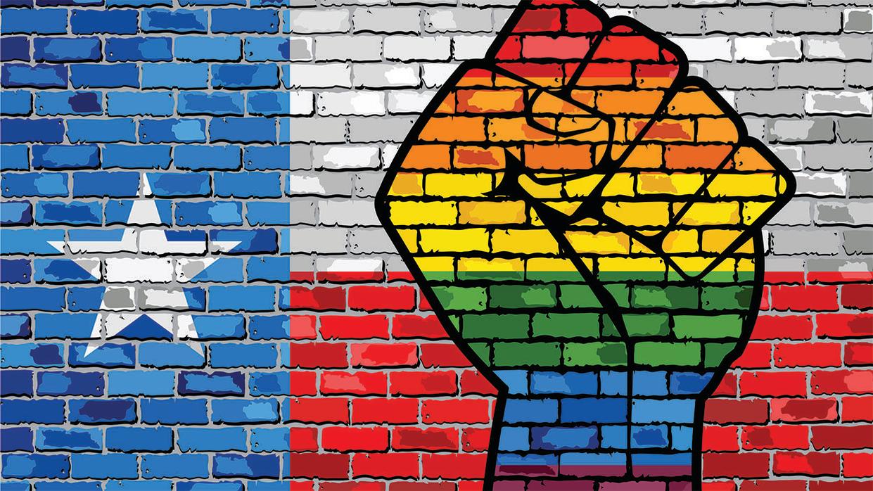 Texas state flag and rainbow fist