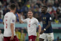 Denmark's Christian Eriksen, center, reacts during the World Cup group D soccer match between France and Denmark, at the Stadium 974 in Doha, Qatar, Saturday, Nov. 26, 2022. (AP Photo/Frank Augstein)