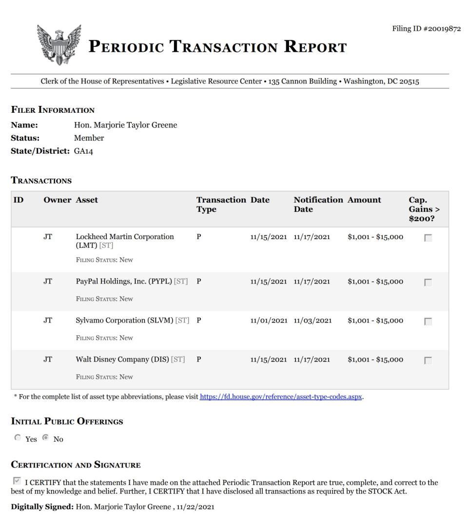 Marjorie Taylor Greene financial report