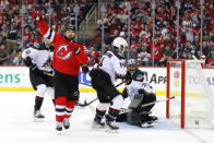 New Jersey Devils left wing Tomas Tatar reacts after scoring a goal against the Arizona Coyotes during the first period of an NHL hockey game, Saturday, Nov. 12, 2022, in Newark, N.J. (AP Photo/Noah K. Murray)