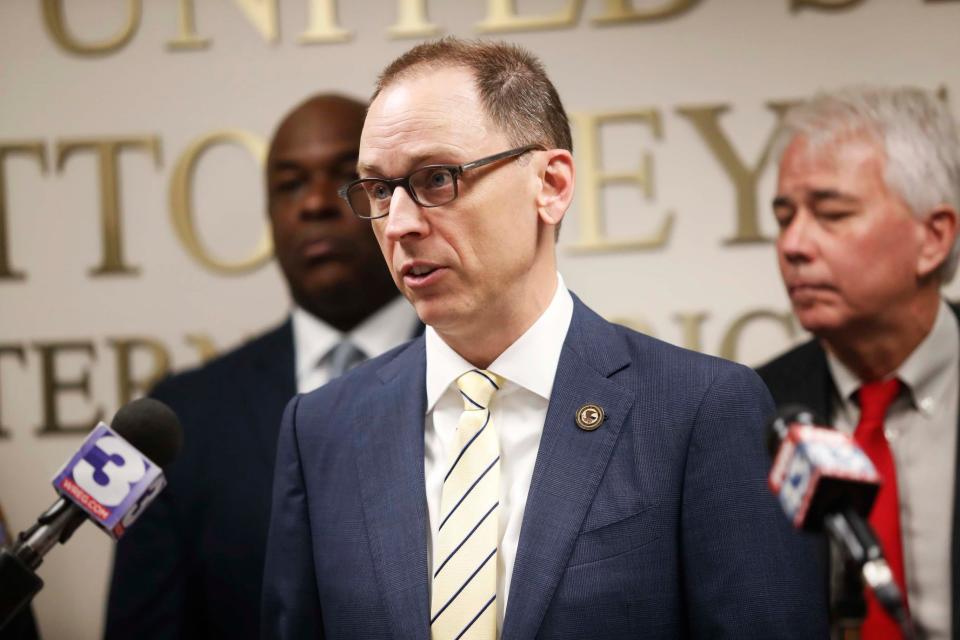 U.S. Attorney Kevin G. Ritz can be seen speaking about results from their targeted crime reduction operation during a press conference involving federal and local partners on Friday, October 20, 2023 at the U.S. Attorney’s Office in Downtown Memphis, Tenn.