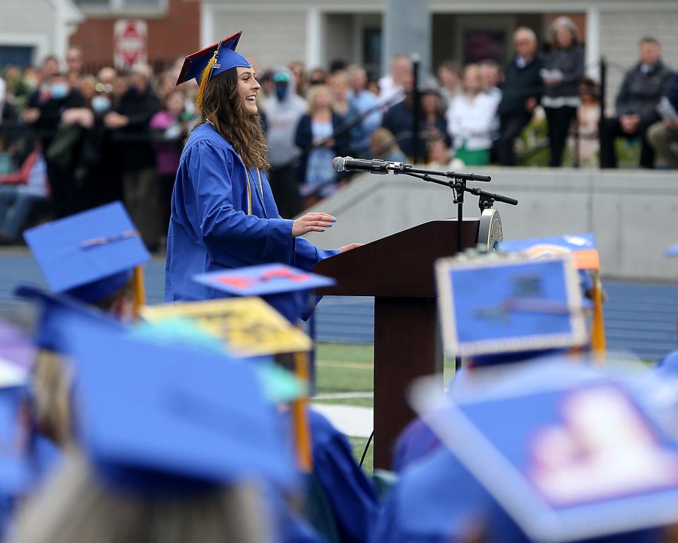 Class President Celia Rees addresses her classmates during the Scituate High School graduation Friday, June 3, 2022.