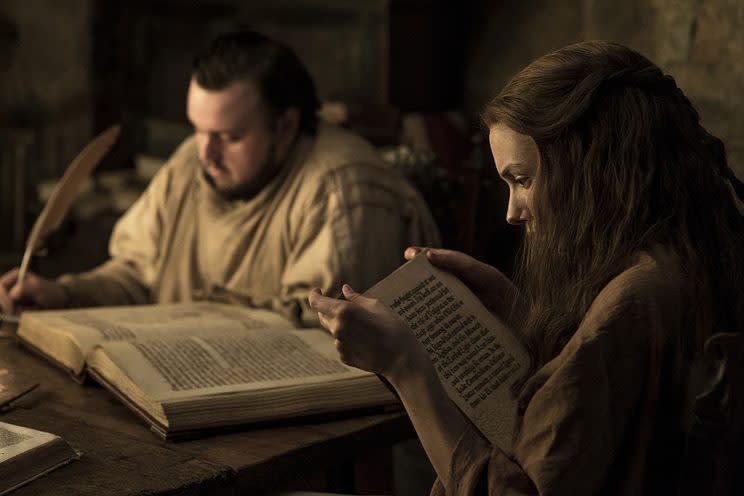 John Bradley as Samwell Tarly and Hannah Murray as Gilly in HBO's Game of Thrones . (Photo Credit: HBO)