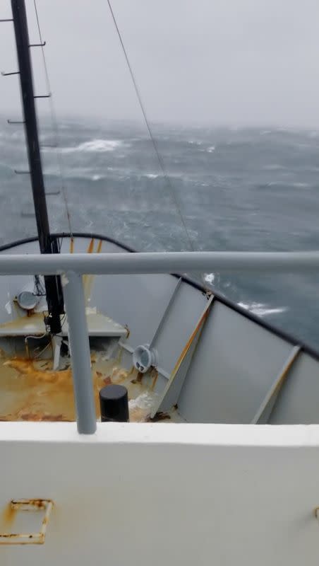 Tropical Storm Beta created rough conditions for a boat in this still image taken from a video approximately 65 miles south-southwest of Port Fourchon, Louisiana