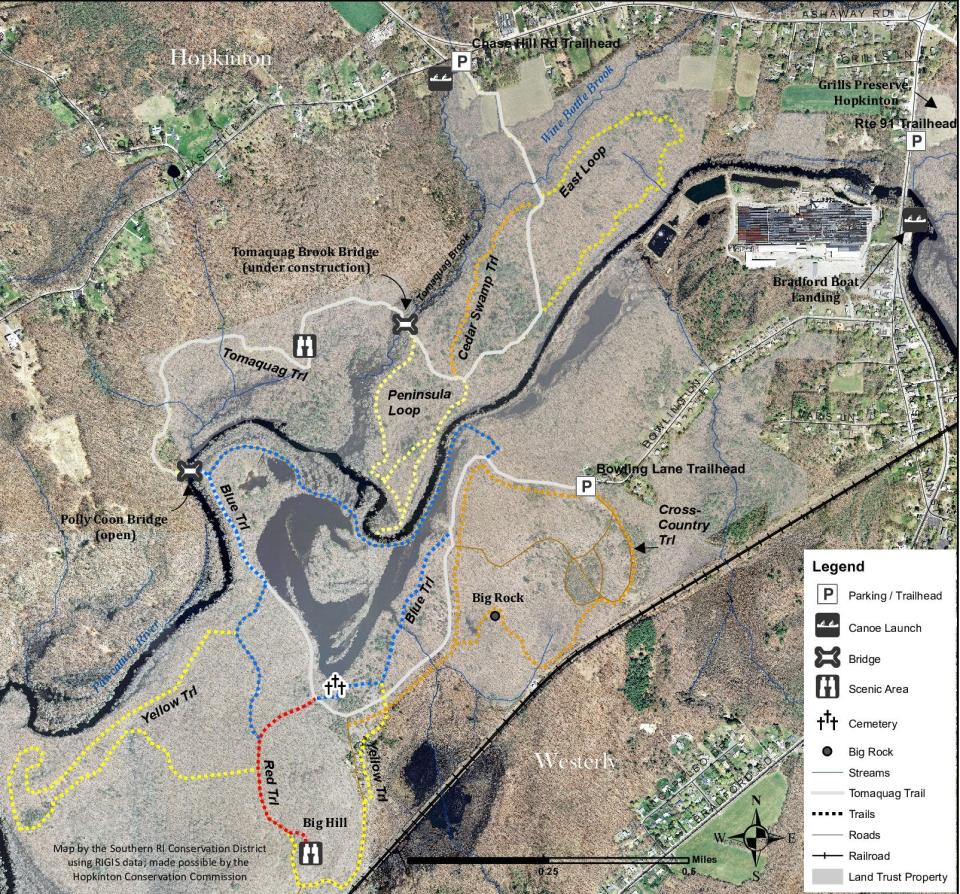 A trail map of Grills Wildlife Sanctuary in Hopkinton.