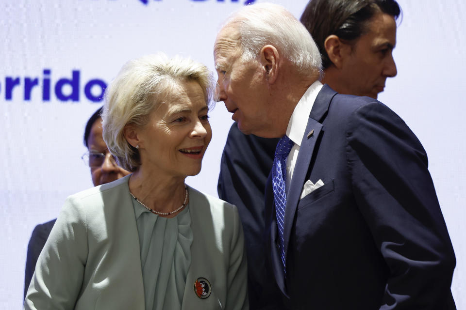 U.S. President Joe Biden, right, and President of the European Union Ursula von der Leyen attend Partnership for Global Infrastructure and Investment event on the day of the G20 summit in New Delhi, India, Sept. 9, 2023. (AP Photo/Evelyn Hockstein, Pool)