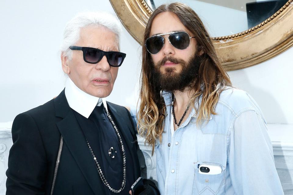 Fashion designer Karl Lagerfeld and Actor Jared Leto pose backstage after the Chanel show as part of Paris Fashion Week - Haute Couture Fall/Winter 2014-2015. Held at Grand Palais on July 8, 2014 in Paris, France.