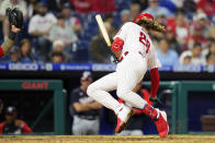 Philadelphia Phillies' Alec Bohm, right, avoids a pitch from Washington Nationals' Max Scherzer during the fourth inning of a baseball game, Tuesday, June 22, 2021, in Philadelphia. (AP Photo/Matt Slocum)