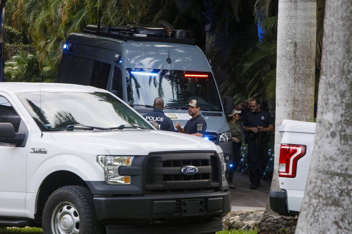 Federal agents outside the two Star Island mansions of Sean ‘Diddy’ Combs on Monday, March 25, 2024, in Miami Beach, Florida. Federal agents raided his two Miami Beach mansions, along with raiding his home in Los Angeles. The raids follow a suit by his ex producer alleging Diddy was engaged in a ‘widespread and dangerous criminal sex trafficking organization.’