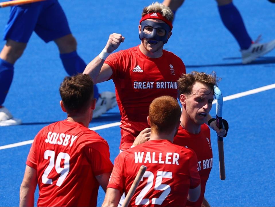 Sam Ward of Team GB celebrates after scoring against the Netherlands (Corinna Kern/Reuters)