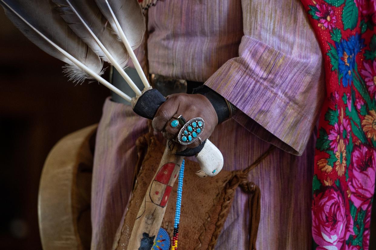 Dianna Sue White Dove Uqualla, Havasupai Tribe council member, during the "Native Voices of the Grand Canyon" program on August 5, 2023, at Shrine of the Ages on the South Rim of the Grand Canyon.